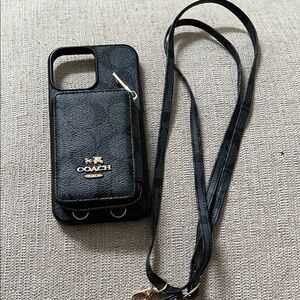 Coach Black Phone Case with Gold Logo and Strap